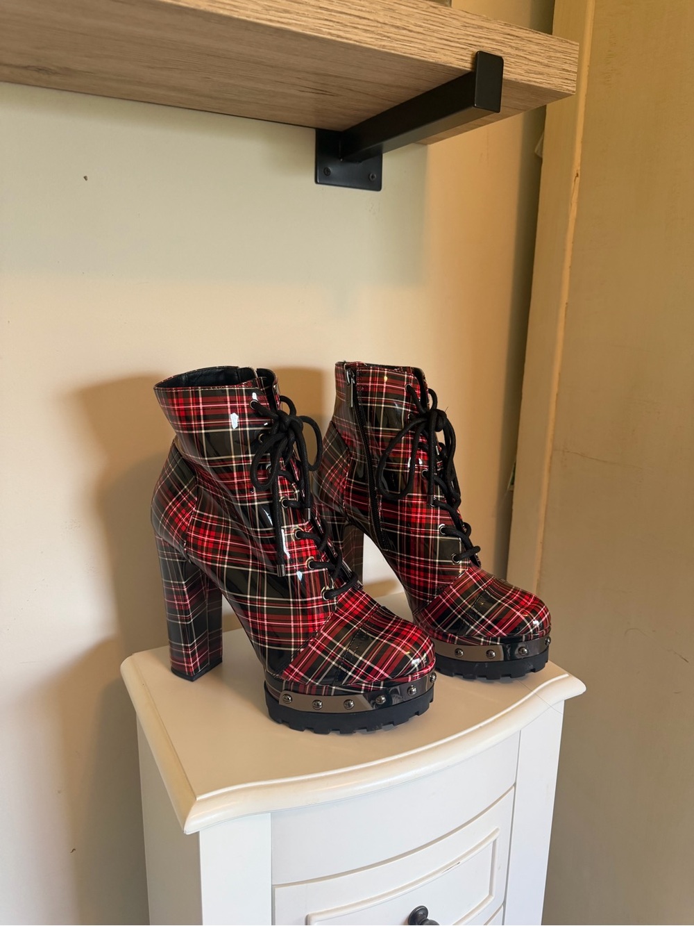 Jessica Simpson Red and Black Plaid Lace-Up Platform Boots - Picture 3 of 4